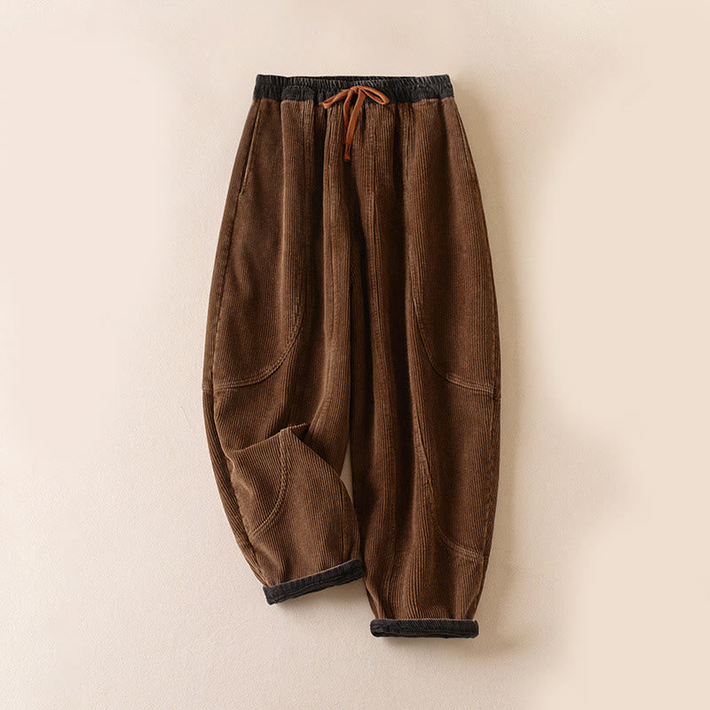 Buddha Stones Color Contrast Corduroy Cotton Women's Thermal Fleece-Lined Harem Pants With Pockets - Fleece-Lined Version - SaddleBrown - US16,UK/AU20,EU48 (3XL) - image 13