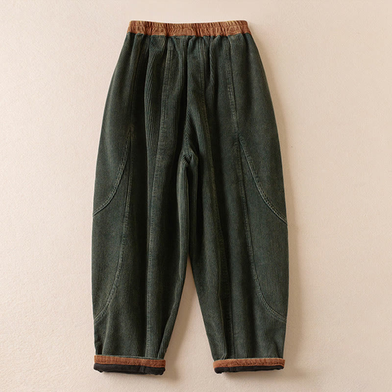 Buddha Stones Color Contrast Corduroy Cotton Women's Thermal Fleece-Lined Harem Pants With Pockets - image 1