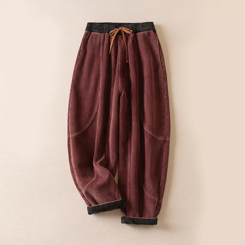 Buddha Stones Color Contrast Corduroy Cotton Women's Thermal Fleece-Lined Harem Pants With Pockets - Fleece-Lined Version - IndianRed - US16,UK/AU20,EU48 (3XL) - image 27