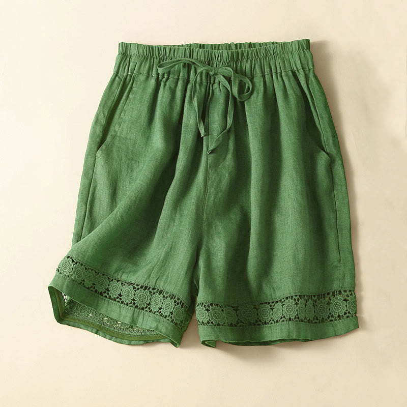 Buddha Stones Plain Color Bottom Hollow Lace Design Lace-up Cotton Women's Shorts With Pockets - Green - US12,UK/AU16,EU44 (3XL) - image 35