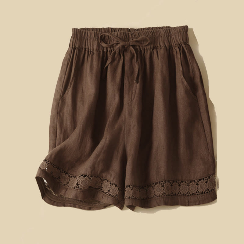 Buddha Stones Plain Color Bottom Hollow Lace Design Lace-up Cotton Women's Shorts With Pockets - Sienna - US12,UK/AU16,EU44 (3XL) - image 16
