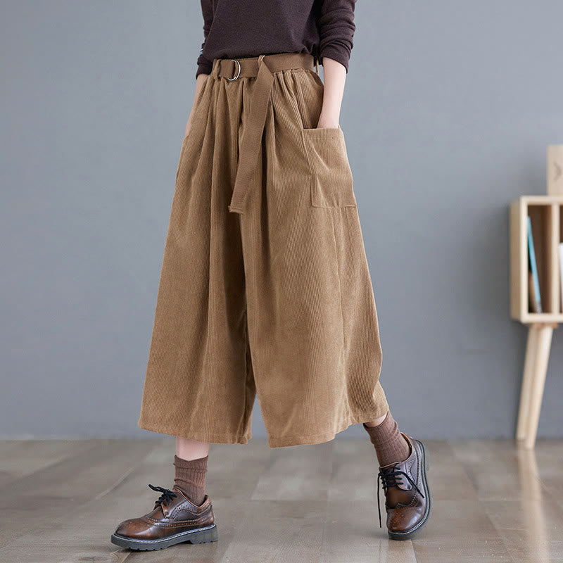 Buddha Stones Retro Women's Wide Leg 7-8 Length Corduroy Pants With Pockets Belt - Goldenrod - US8-10,UK/AU12-14,EU40-42 (2XL) - image 0