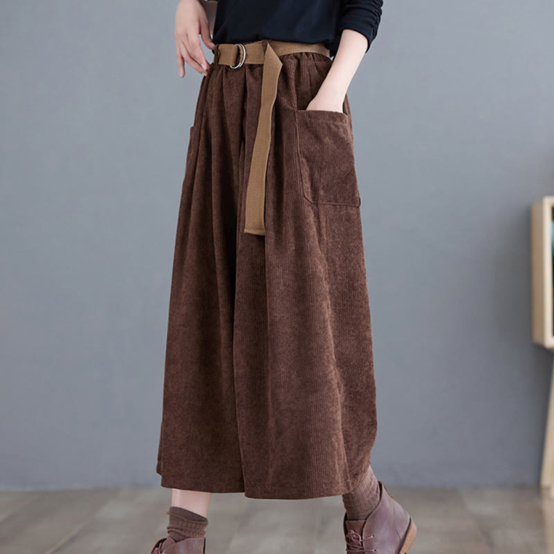 Buddha Stones Retro Women's Wide Leg 7-8 Length Corduroy Pants With Pockets Belt - image 17