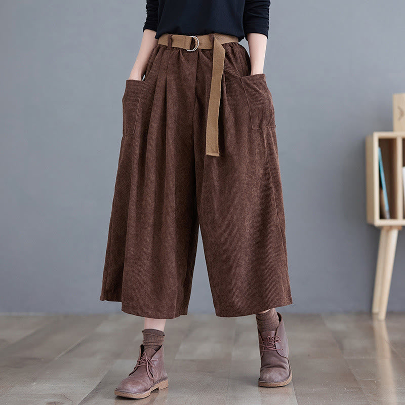 Buddha Stones Retro Women's Wide Leg 7-8 Length Corduroy Pants With Pockets Belt - SaddleBrown - US8-10,UK/AU12-14,EU40-42 (2XL) - image 16