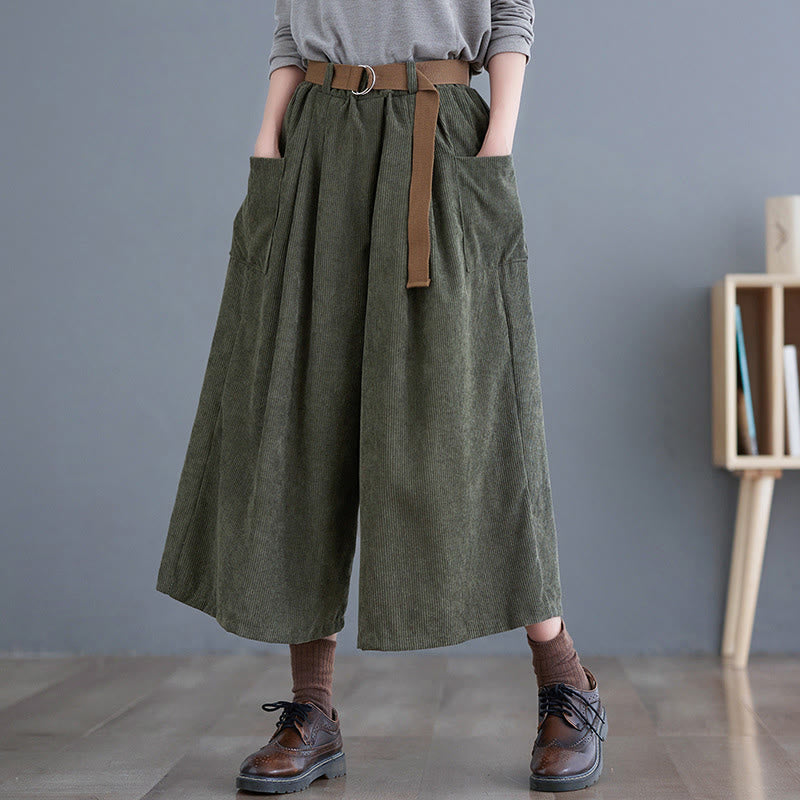 Buddha Stones Retro Women's Wide Leg 7-8 Length Corduroy Pants With Pockets Belt - DarkOliveGreen - US8-10,UK/AU12-14,EU40-42 (2XL) - image 11