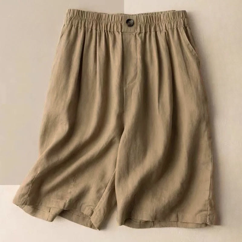 Buddha Stones Summer Casual Plain Zipper Button Cotton Linen Women's Shorts With Pockets - BurlyWood - US12,UK/AU16,EU44 (3XL) - image 1