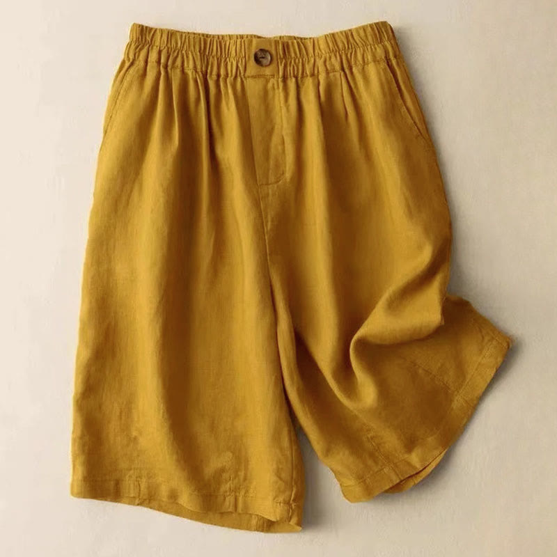 Buddha Stones Summer Casual Plain Zipper Button Cotton Linen Women's Shorts With Pockets - Goldenrod - US12,UK/AU16,EU44 (3XL) - image 3