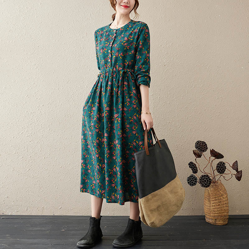 Buddha Stones Casual Ethnic Printing Floral Buttons Design Cotton Linen Midi Dress With Pockets - DarkCyan - US12,UK/AU16,EU44 (3XL) - image 6