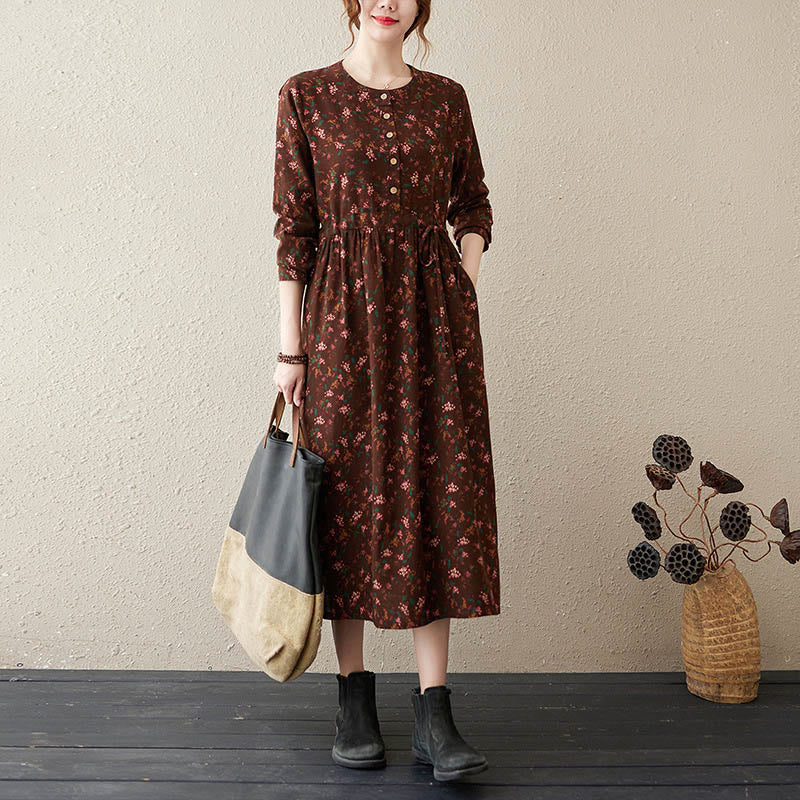 Buddha Stones Casual Ethnic Printing Floral Buttons Design Cotton Linen Midi Dress With Pockets - SaddleBrown - US12,UK/AU16,EU44 (3XL) - image 1