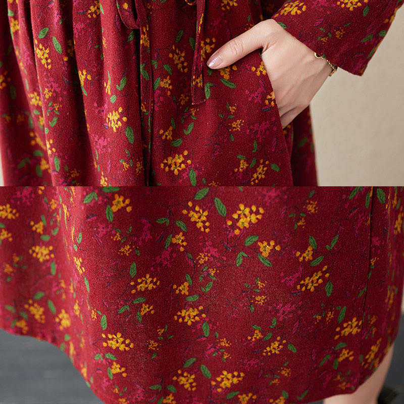 Buddha Stones Casual Ethnic Printing Floral Buttons Design Cotton Linen Midi Dress With Pockets - image 20