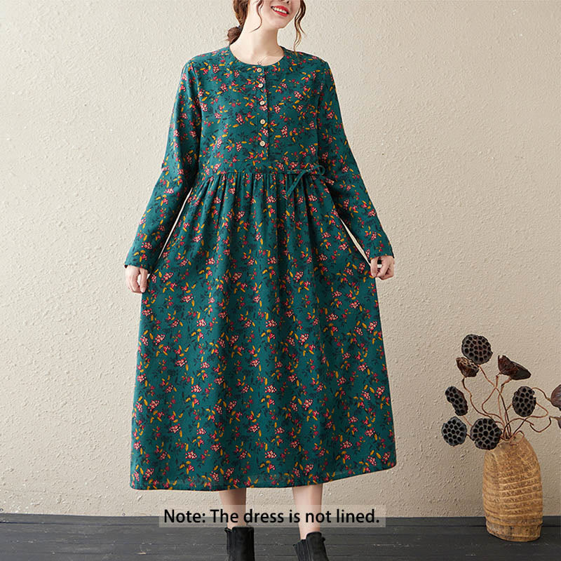 Buddha Stones Casual Ethnic Printing Floral Buttons Design Cotton Linen Midi Dress With Pockets - image 7