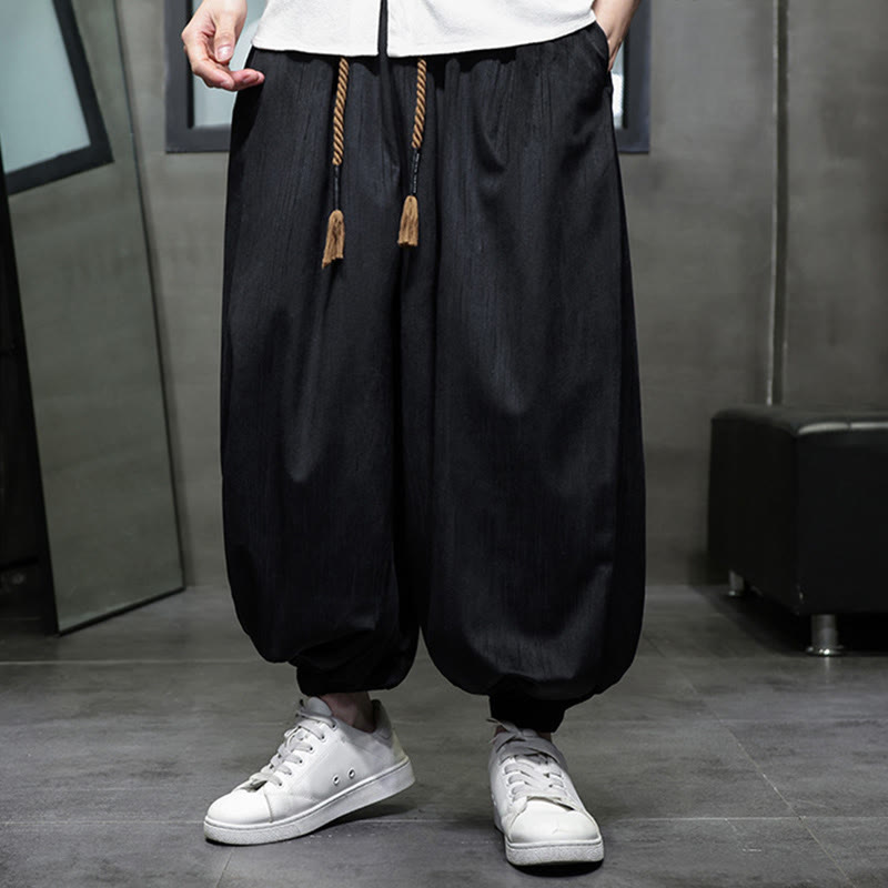 Buddha Stones Casual Daily Pure Color Drawstring Design Men's Harem Pants With Pockets - image 4