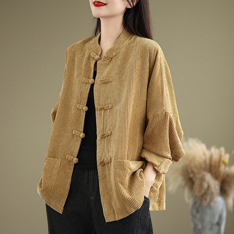 Buddha Stones Frog-button Stand Collar Women's Cotton Linen Corduroy Jacket - Goldenrod - US14,UK/AU18,EU46 (2XL) - image 1