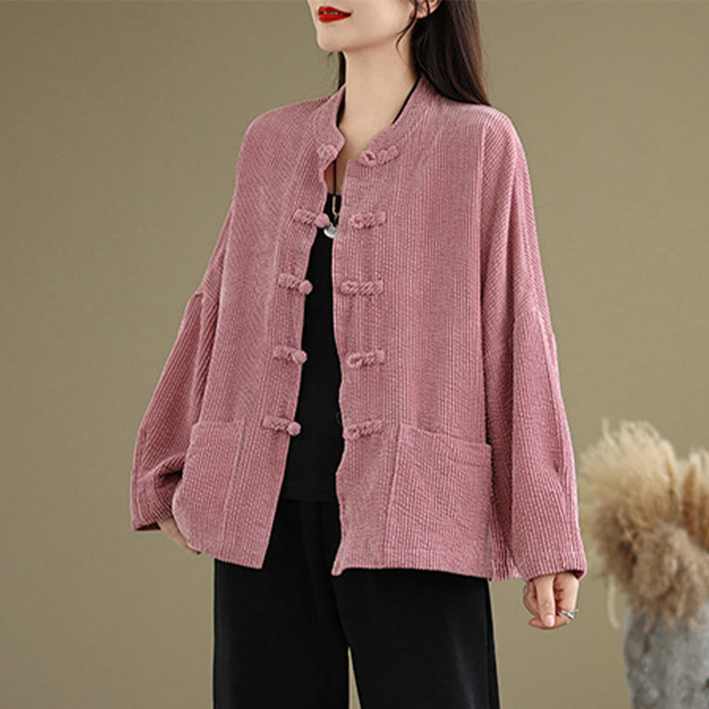 Buddha Stones Frog-button Stand Collar Women's Cotton Linen Corduroy Jacket - PaleVioletRed - US14,UK/AU18,EU46 (2XL) - image 10