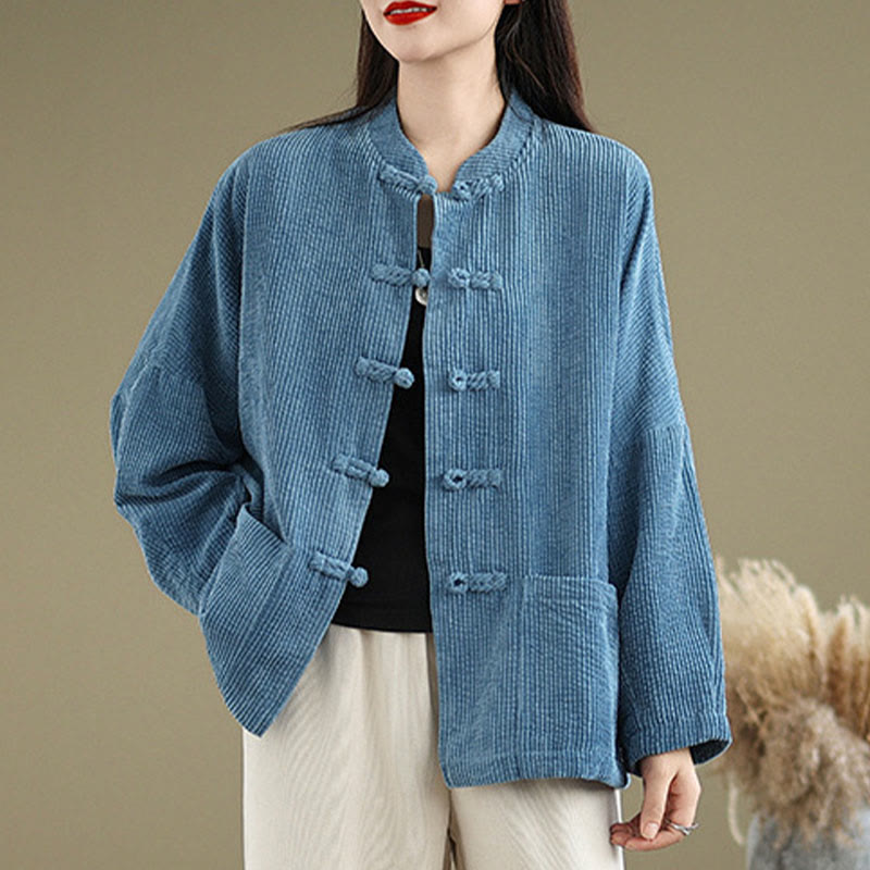 Buddha Stones Frog-button Stand Collar Women's Cotton Linen Corduroy Jacket - SteelBlue - US14,UK/AU18,EU46 (2XL) - image 16