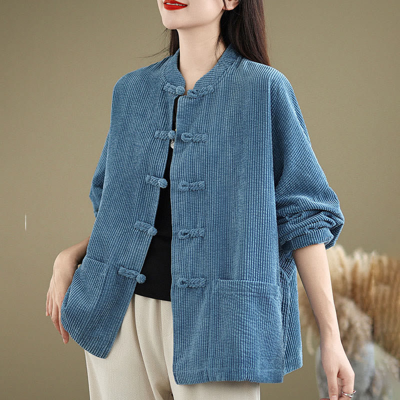 Buddha Stones Frog-button Stand Collar Women's Cotton Linen Corduroy Jacket - image 18