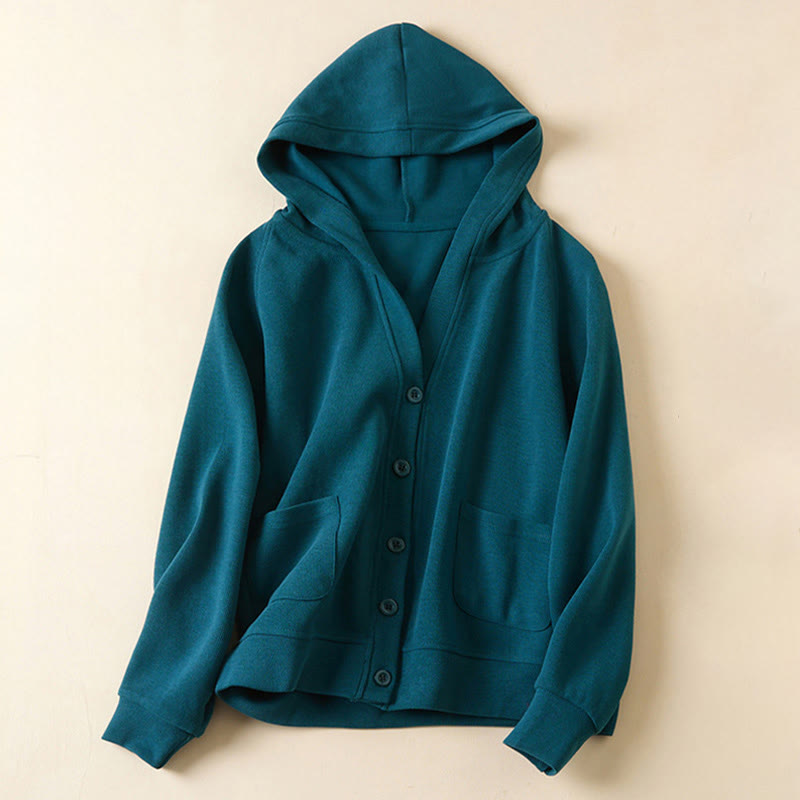 Buddha Stones Plain Buttons Women's Hooded Jacket With Pockets - SteelBlue - US8-10,UK/AU12-14,EU40-42 (2XL) - image 15