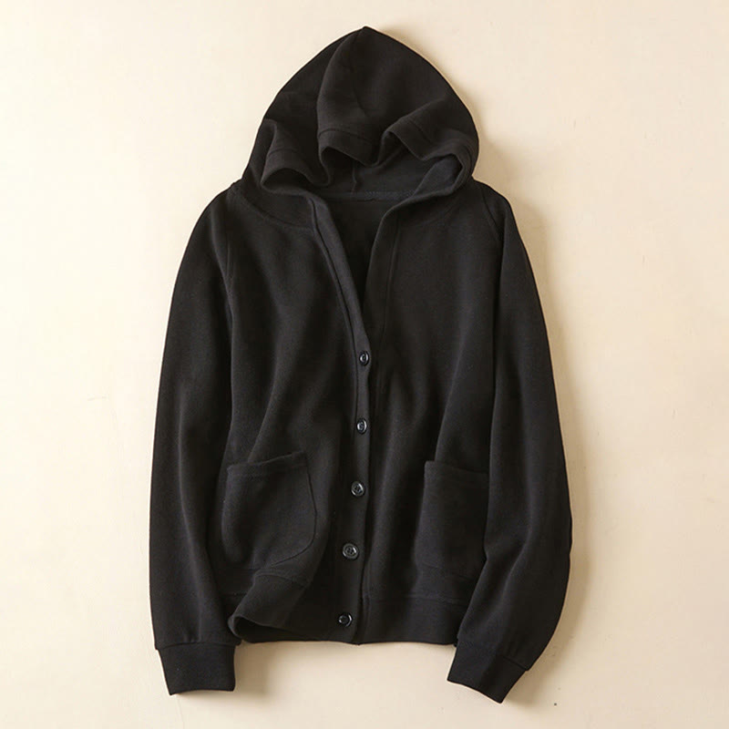 Buddha Stones Plain Buttons Women's Hooded Jacket With Pockets - Black - US8-10,UK/AU12-14,EU40-42 (2XL) - image 24