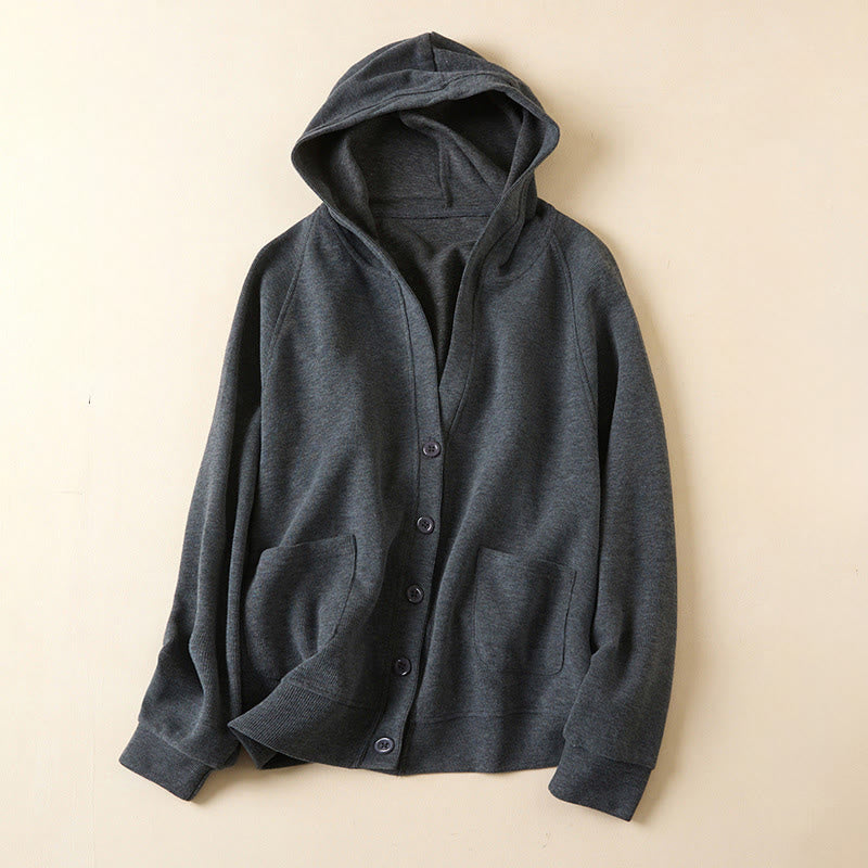 Buddha Stones Plain Buttons Women's Hooded Jacket With Pockets - DimGray - US8-10,UK/AU12-14,EU40-42 (2XL) - image 0