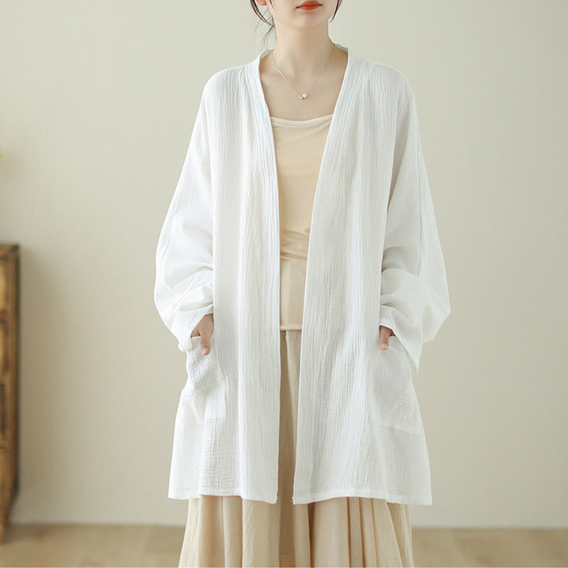 Buddha Stones Plain Long Sleeve Zen Meditation Cotton Linen Jacket With Pockets - White - US12,UK/AU16,EU44 (XL) - image 8