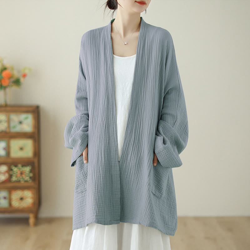 Buddha Stones Plain Long Sleeve Zen Meditation Cotton Linen Jacket With Pockets - image 18