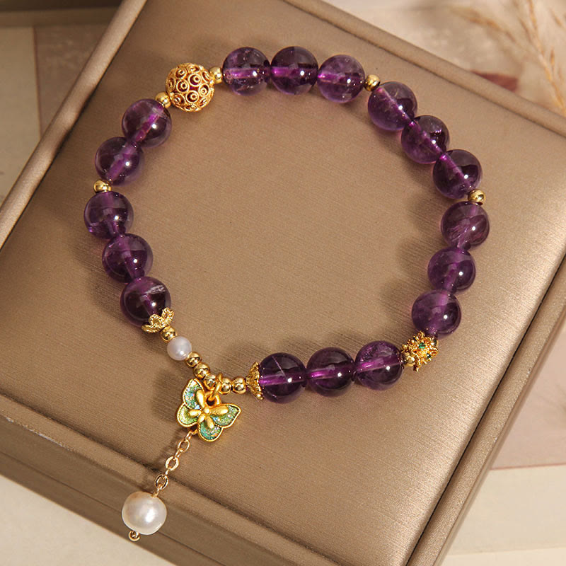 Buddha Stones Natural Amethyst Amber Green Butterfly Healing Bracelet - image 4