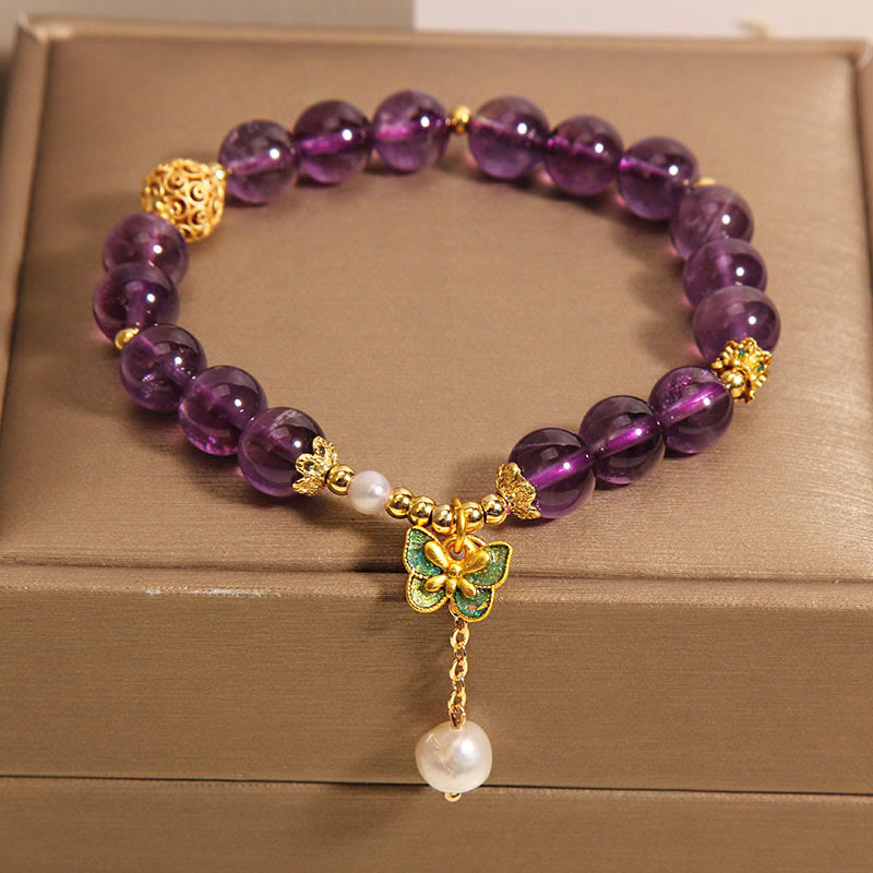 Buddha Stones Natural Amethyst Amber Green Butterfly Healing Bracelet - image 2