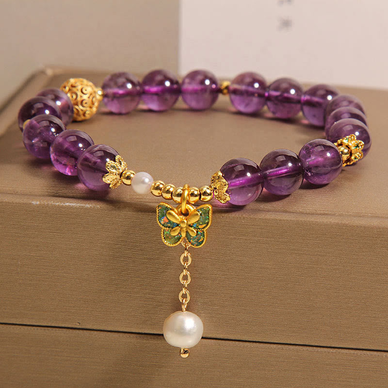 Buddha Stones Natural Amethyst Amber Green Butterfly Healing Bracelet - image 7