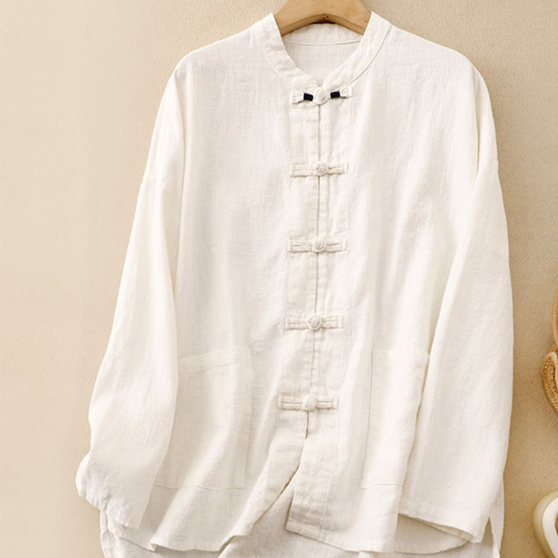 Buddha Stones Literary Artistic Chinese Knot Button Casual Cotton Linen Clothing - White - US8-10,UK/AU12-14,EU40-42 (2XL) - image 20