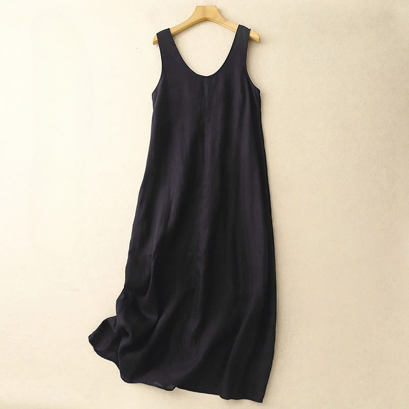 Buddha Stones Summer Daily Casual Pure Color Crew Neck Simple Design Sleeveless Midi Dress With Pockets - Black - US12,UK/AU16,EU44 (2XL) - image 10