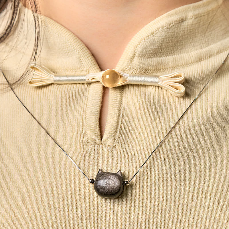 Buddha Stones 925 Sterling Silver Natural Silver Sheen Obsidian Gold Sheen Obsidian Cat Necklace - image 2