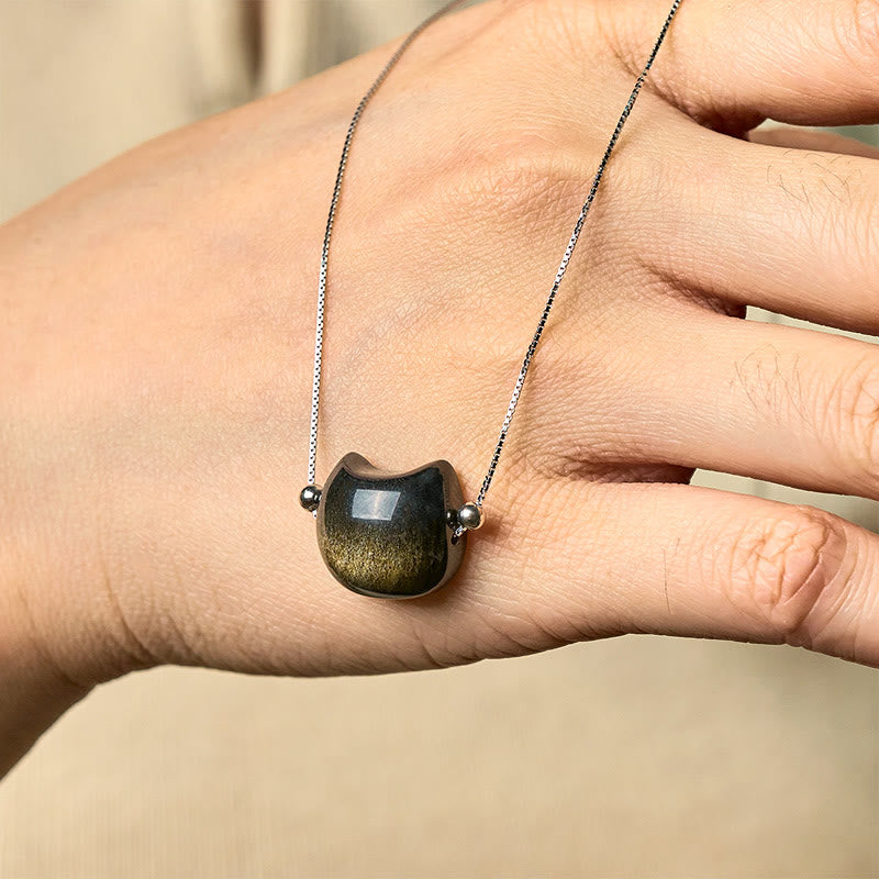 Buddha Stones 925 Sterling Silver Natural Silver Sheen Obsidian Gold Sheen Obsidian Cat Necklace - image 7