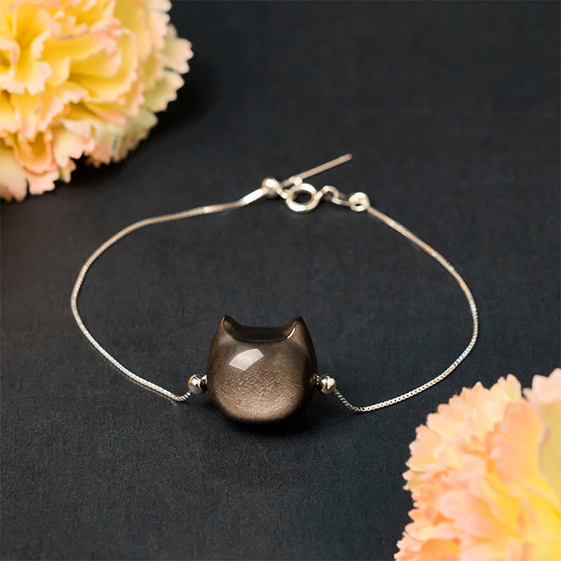 Buddha Stones 925 Sterling Silver Silver Sheen Obsidian Gold Sheen Obsidian Cat Soothing Bracelet - image 5
