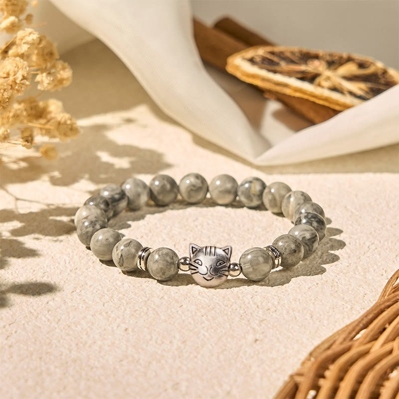 Buddha Stones Cute Cat Natural Grey Jasper Bead Healing Bracelet - image 3
