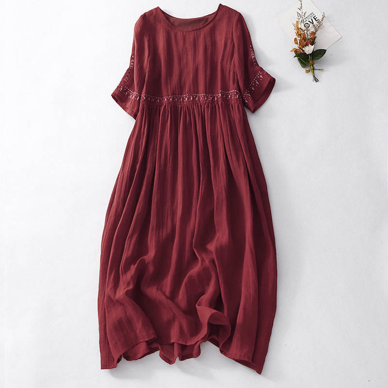 Buddha Stones Solid Color Embroidery Short Sleeve Cotton Midi Dress - FireBrick - US12,UK/AU16,EU44 (2XL) - image 17