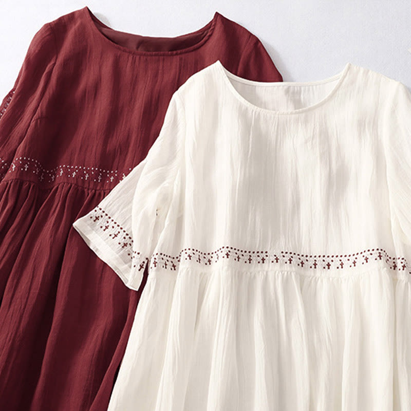 Buddha Stones Solid Color Embroidery Short Sleeve Cotton Midi Dress - image 20