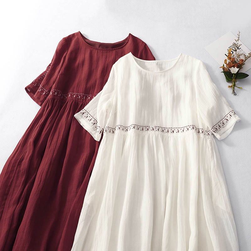Buddha Stones Solid Color Embroidery Short Sleeve Cotton Midi Dress - image 26