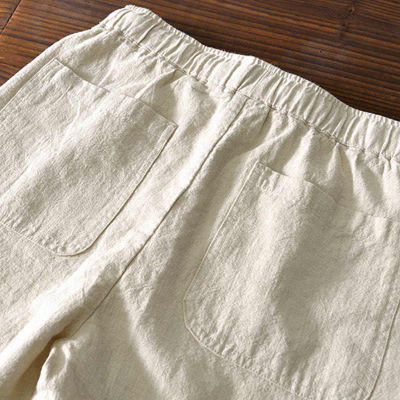 Buddha Stones Casual Solid Color Simple Design Drawstring Ramie Linen Men's Pants With Pockets - image 5