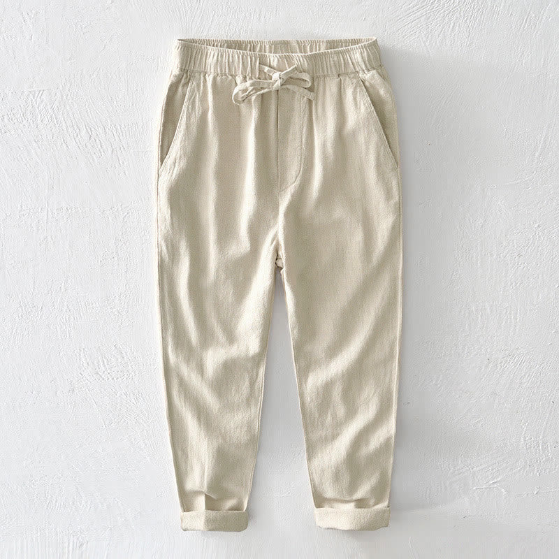 Buddha Stones Casual Solid Color Simple Design Drawstring Ramie Linen Men's Pants With Pockets - LightGoldenrodYellow - US/UK/AU44,EU54 (4XL) - image 1
