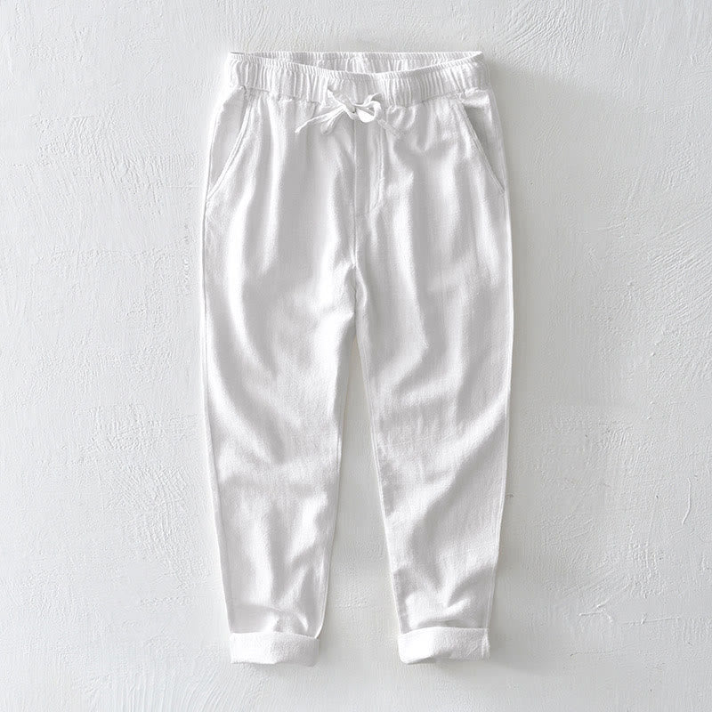 Buddha Stones Casual Solid Color Simple Design Drawstring Ramie Linen Men's Pants With Pockets - White - US/UK/AU44,EU54 (4XL) - image 6