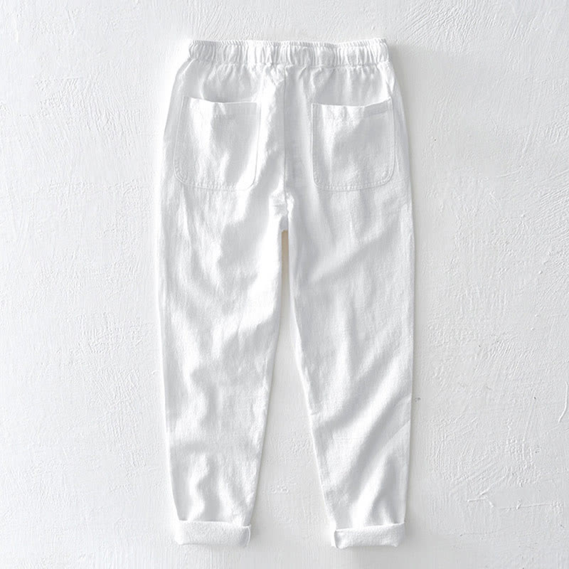 Buddha Stones Casual Solid Color Simple Design Drawstring Ramie Linen Men's Pants With Pockets - image 7