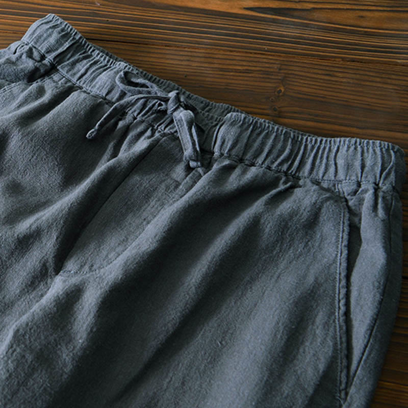 Buddha Stones Casual Solid Color Simple Design Drawstring Ramie Linen Men's Pants With Pockets - image 12