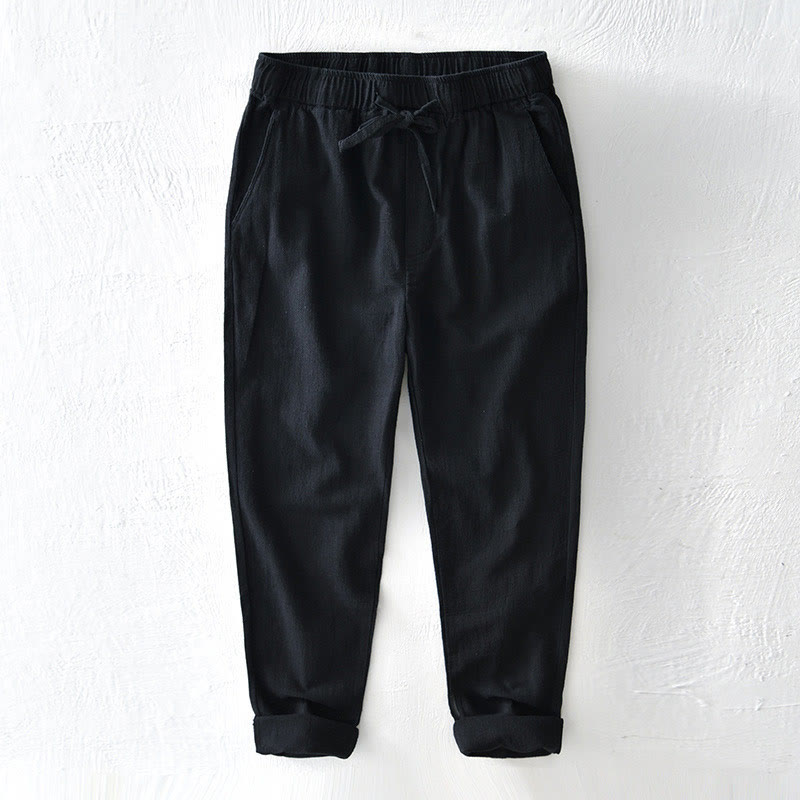 Buddha Stones Casual Solid Color Simple Design Drawstring Ramie Linen Men's Pants With Pockets - Black - US/UK/AU44,EU54 (4XL) - image 14