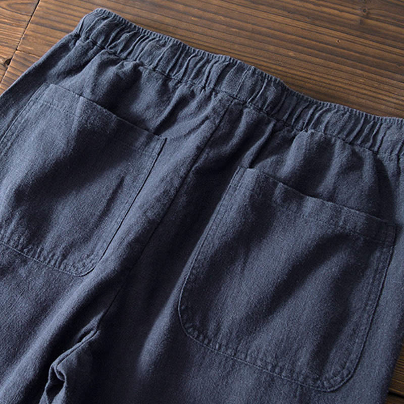 Buddha Stones Casual Solid Color Simple Design Drawstring Ramie Linen Men's Pants With Pockets - image 20