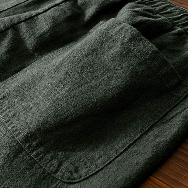 Buddha Stones Casual Solid Color Simple Design Drawstring Ramie Linen Men's Pants With Pockets - image 25