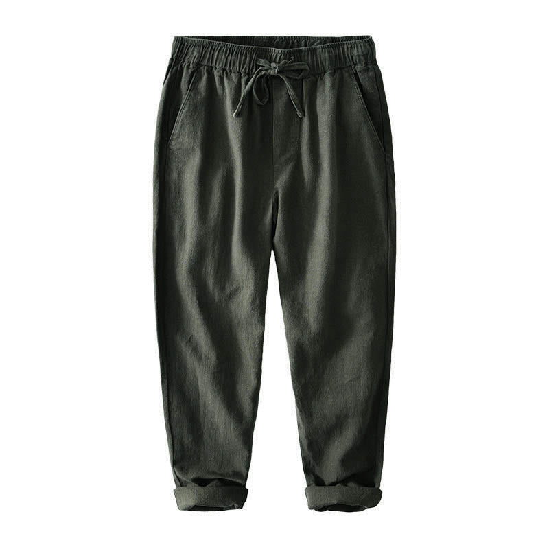 Buddha Stones Casual Solid Color Simple Design Drawstring Ramie Linen Men's Pants With Pockets - image 29