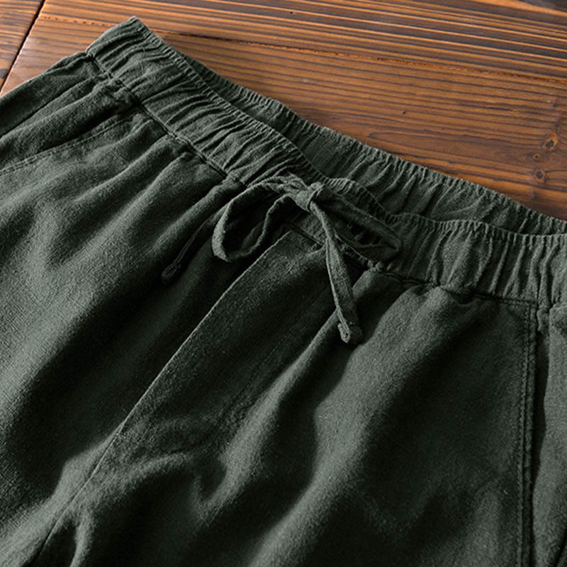 Buddha Stones Casual Solid Color Simple Design Drawstring Ramie Linen Men's Pants With Pockets - image 24