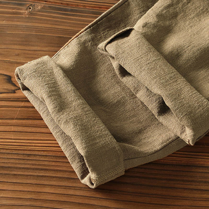 Buddha Stones Casual Solid Color Simple Design Drawstring Ramie Linen Men's Pants With Pockets - image 33