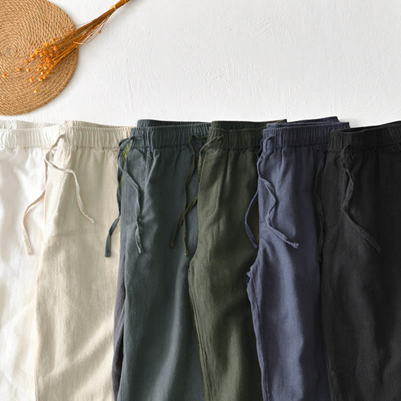 Buddha Stones Casual Solid Color Simple Design Drawstring Ramie Linen Men's Pants With Pockets - image 34