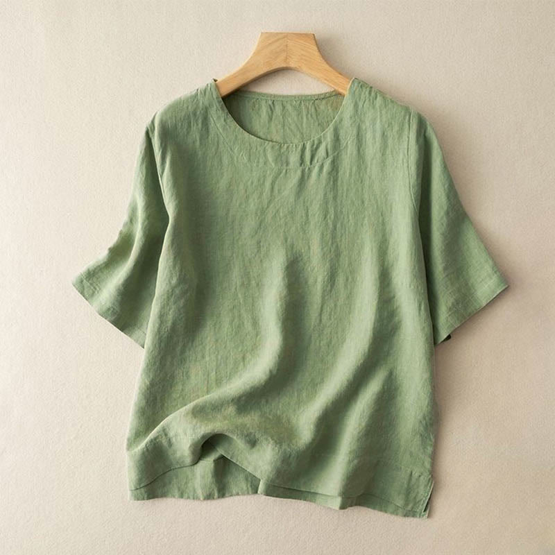 Buddha Stones Simple Plain Short Sleeve Crew Neck Side Slit Cotton Women's T-Shirt - LightGreen - US12,UK/AU16,EU44 (3XL) - image 4